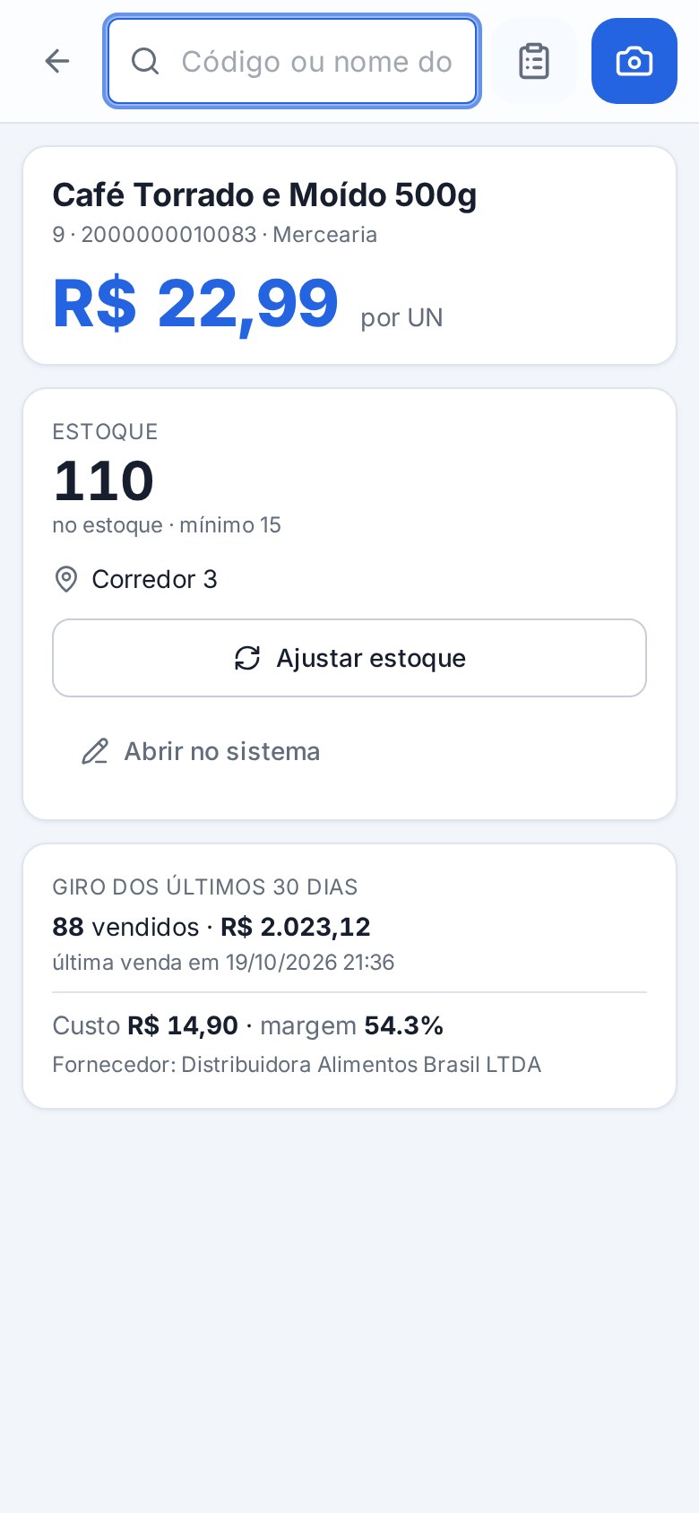 Consulta de produto no celular mostrando preço, estoque e giro dos últimos 30 dias